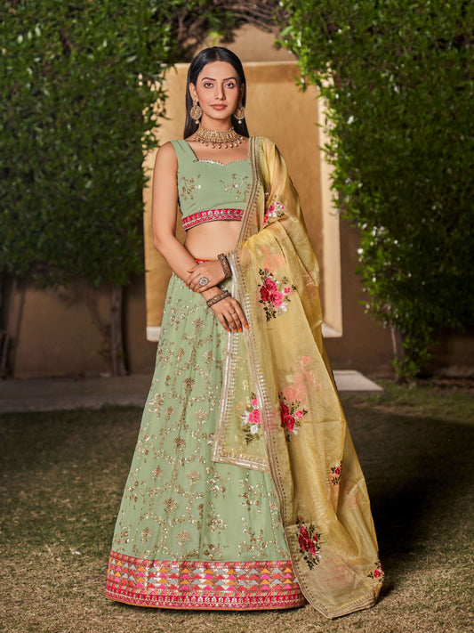 Pista and Yellow Women's Georgette Embroidery Lehenga Choli