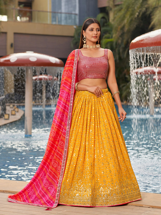 Yellow and Pink Women's Georgette Embroidery Lehenga Choli