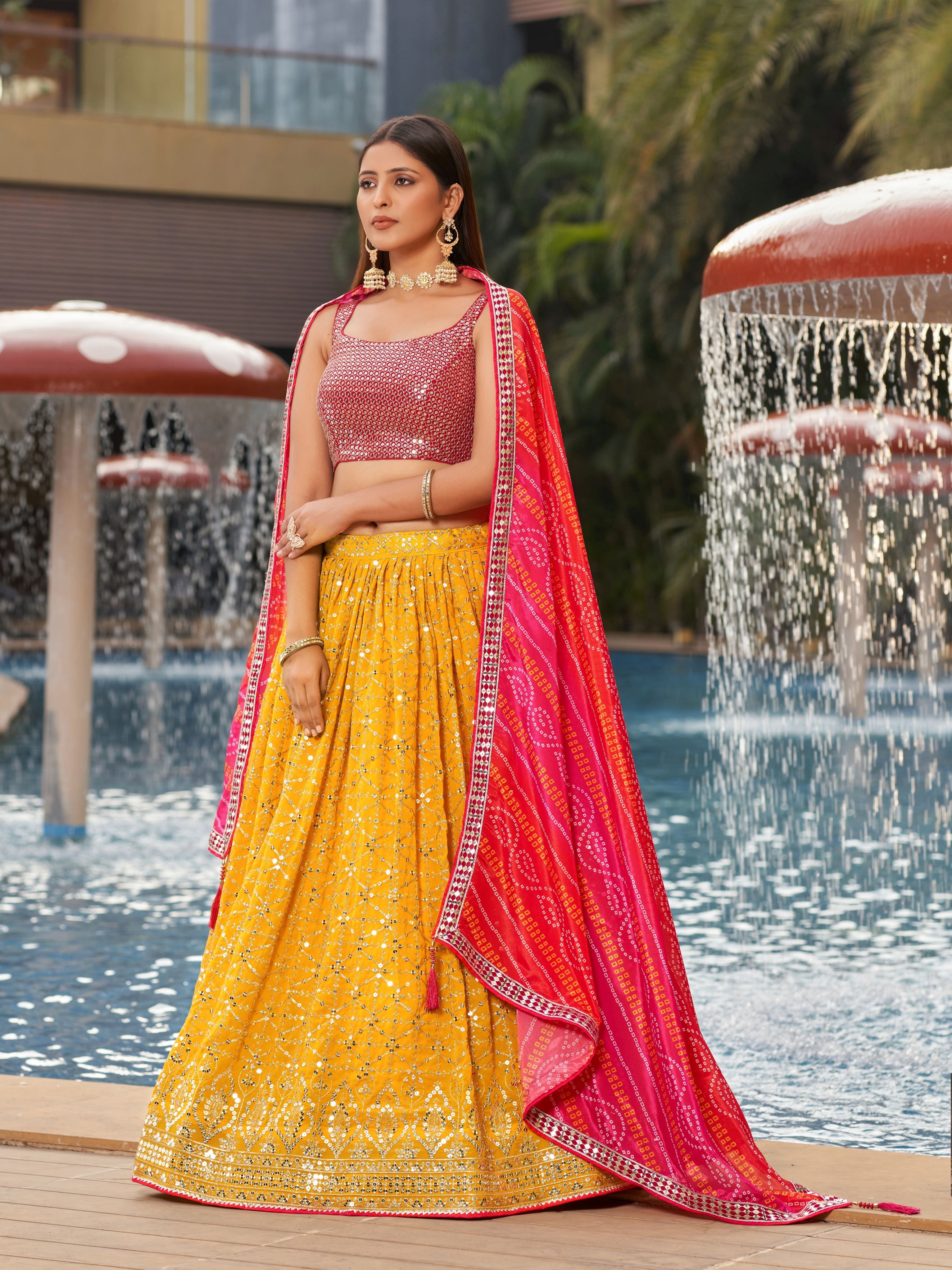 Yellow and Pink Women's Georgette Embroidery Lehenga Choli