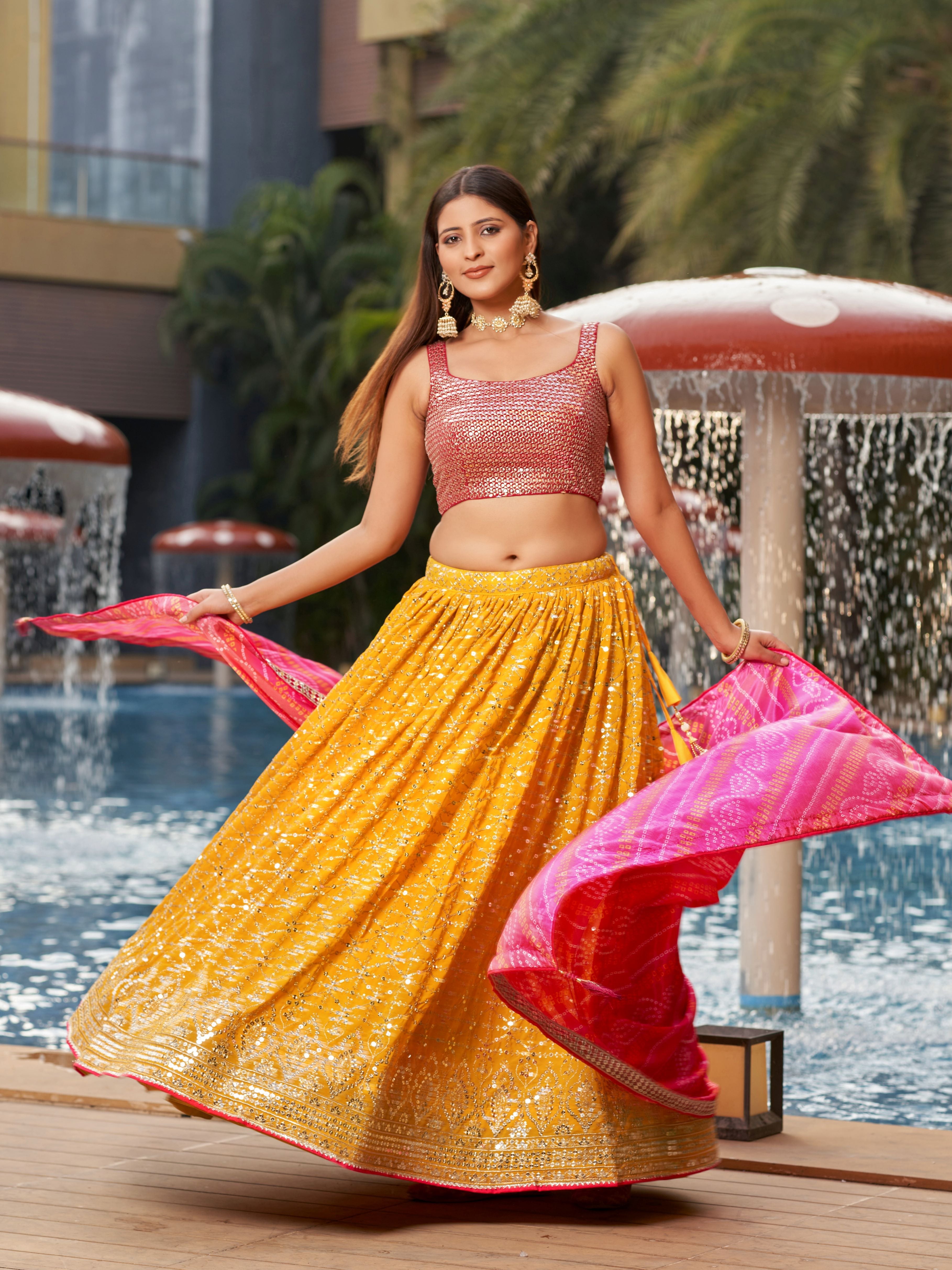 Yellow and Pink Women's Georgette Embroidery Lehenga Choli