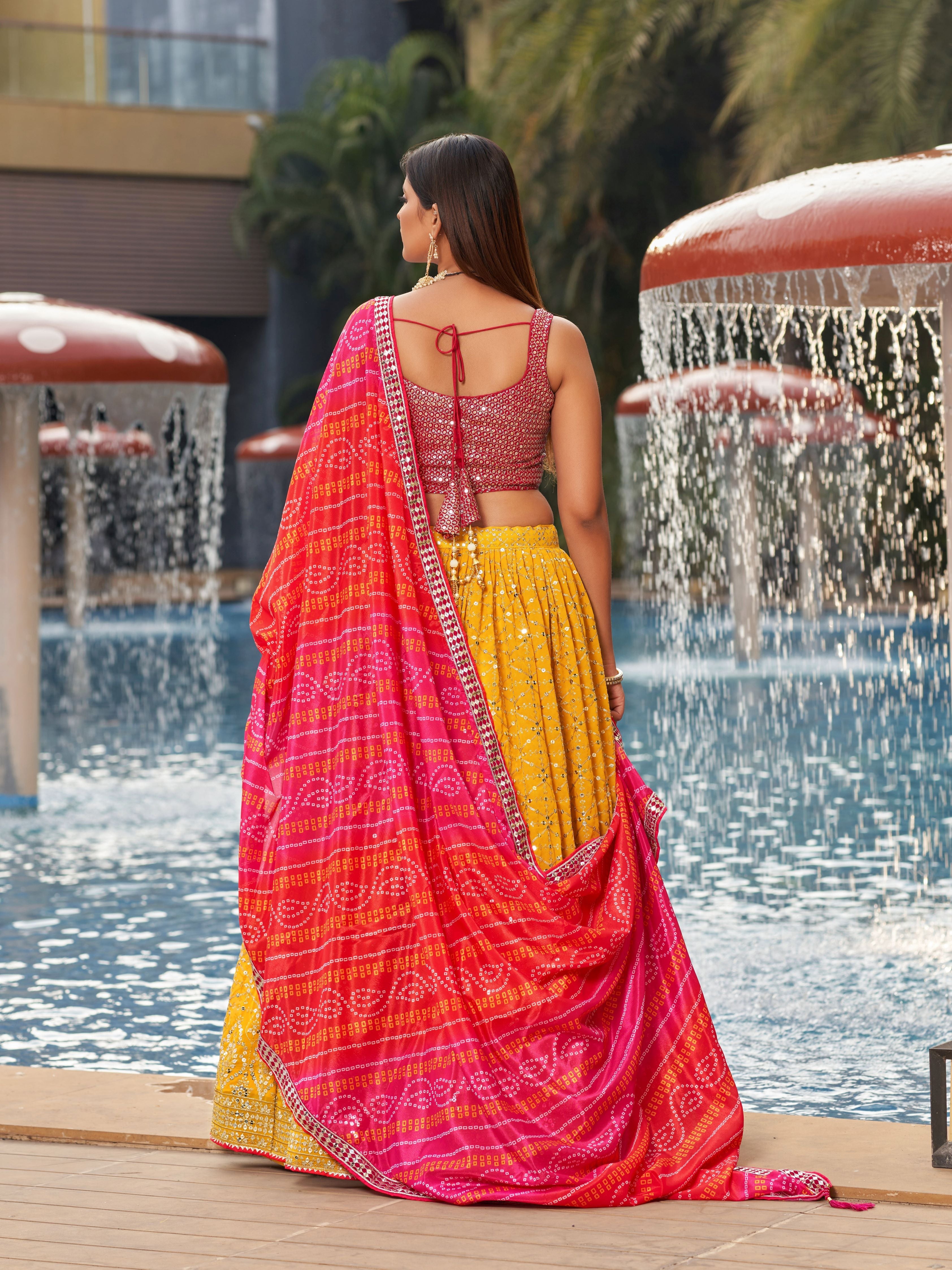 Yellow and Pink Women's Georgette Embroidery Lehenga Choli