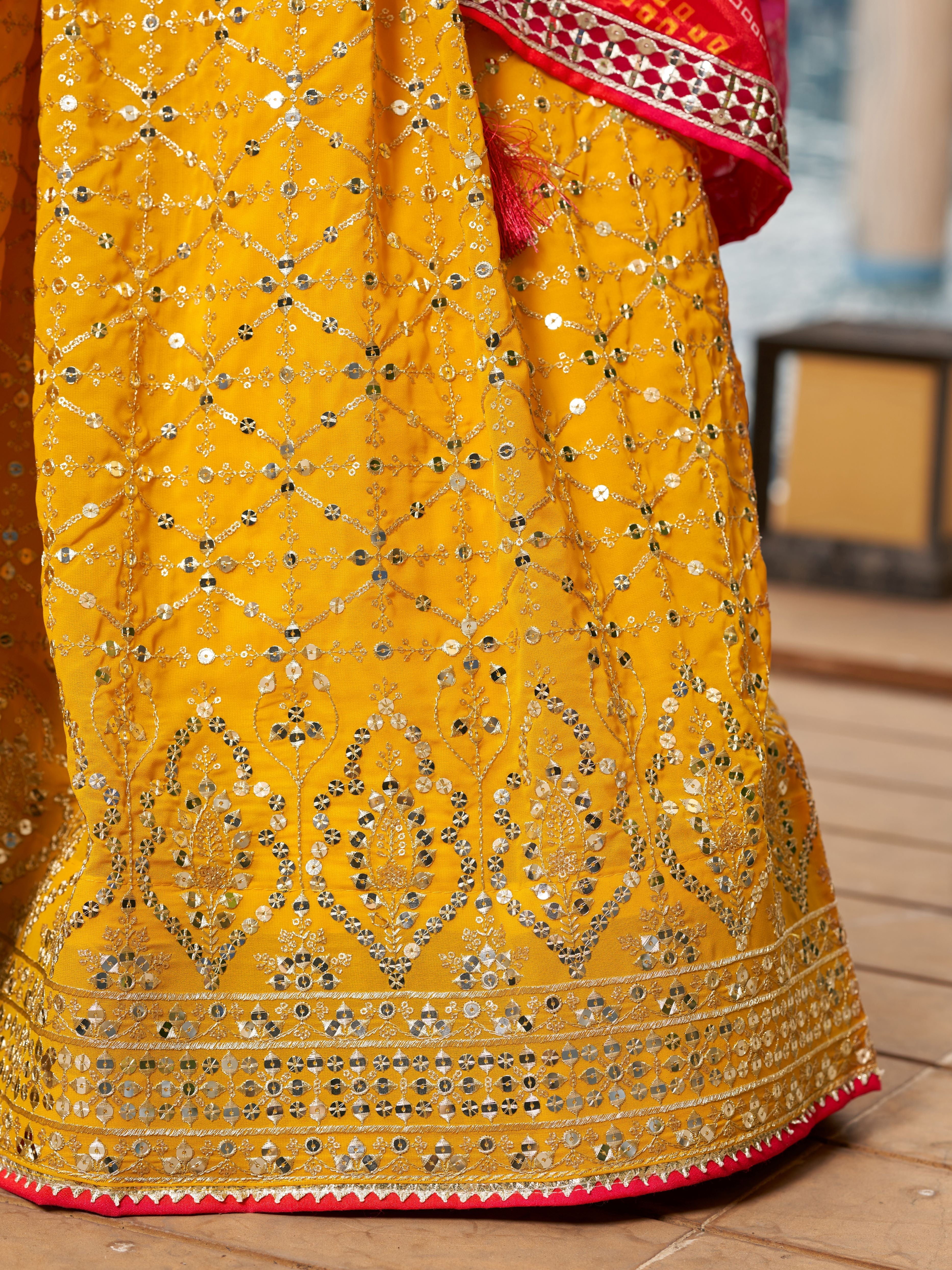 Yellow and Pink Women's Georgette Embroidery Lehenga Choli