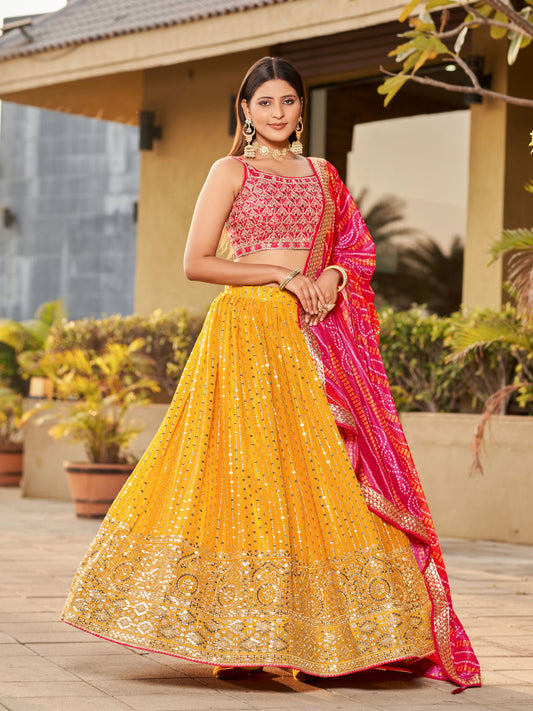 Yellow & Pink Women's Art Silk Embroidery Lehenga Choli