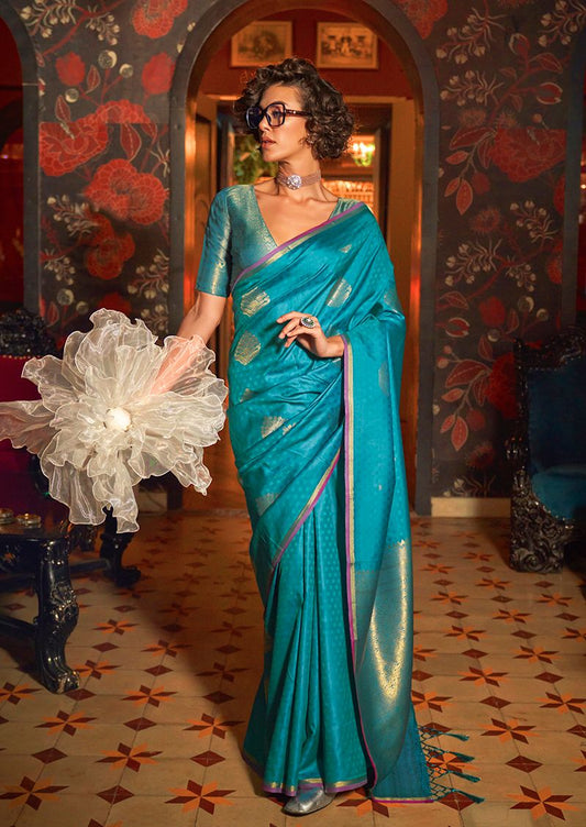 Aqua blue woven ethnic sarees