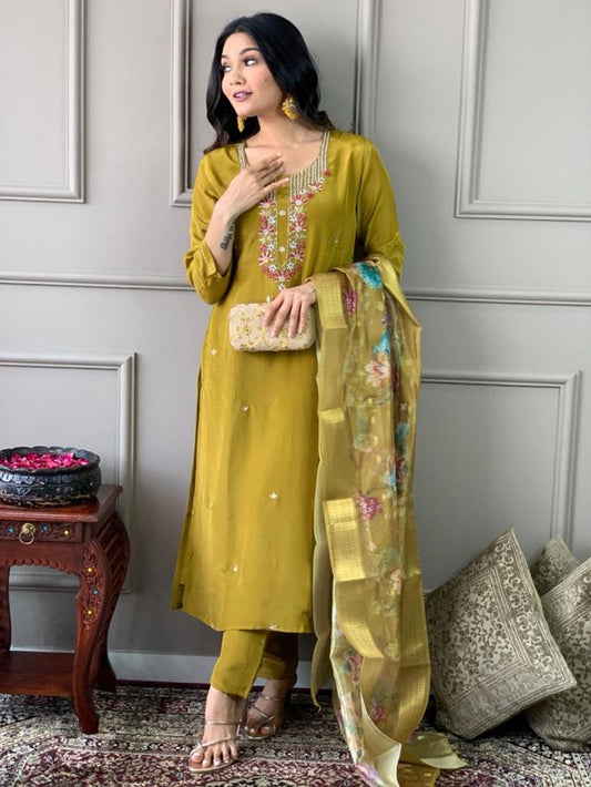 Mustard Viscose Chanderi Designer Embroidery Work Straight Kurta