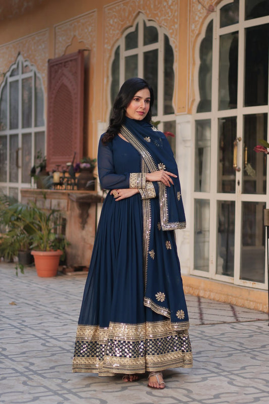 Blue Embroidery Zari Sequins-work