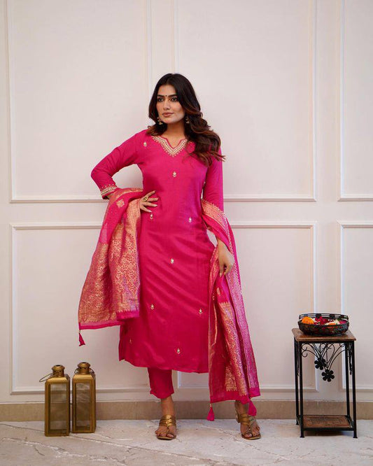 Pink Embroidered Straight Kurta Set