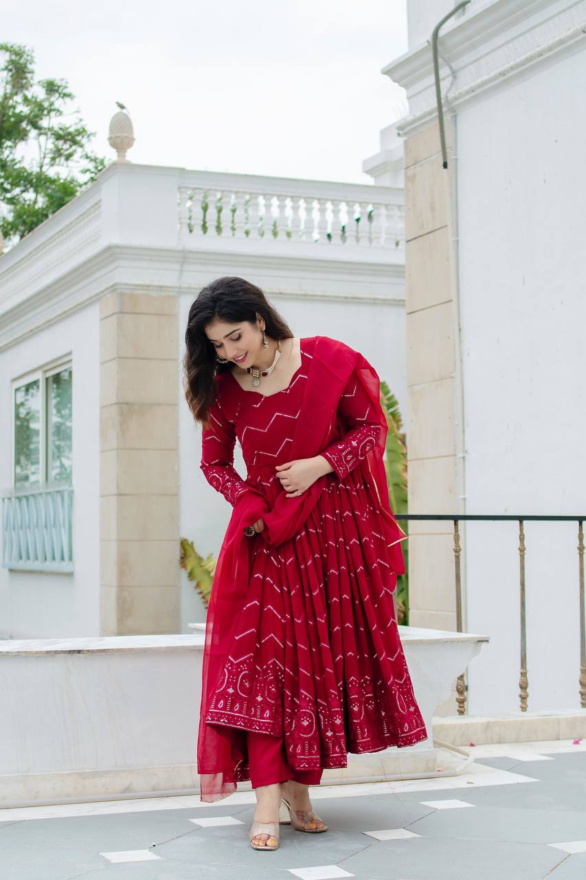Maroon Tonal Embroidered Anarkali Kurta Set