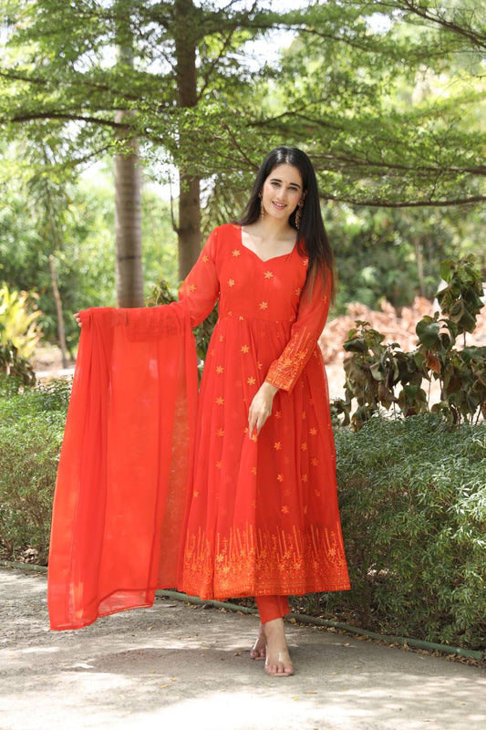 Red Tonal Embroidered Anarkali Kurta Set