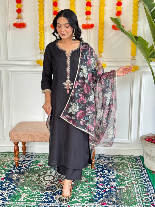 Black Embroidered Rayon Slub Fabric Straight Kurta, Pant and Dupatta Set