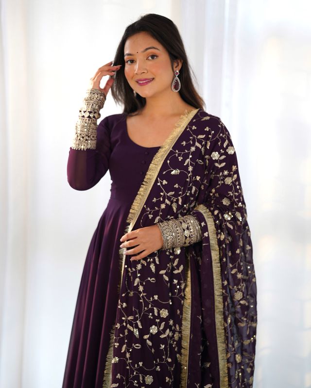 Women Georgette Anarkali Gown Duppta Full Set With Pent Ready To Wear