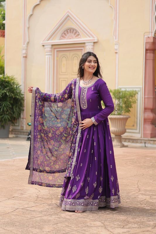 Purple Prined Dupatta Kurta Set