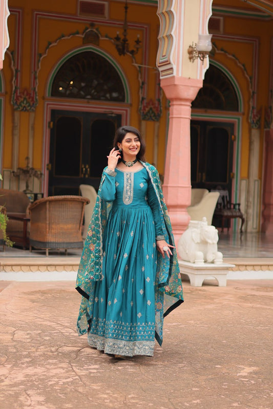 Teal Prined Dupatta Kurta Set