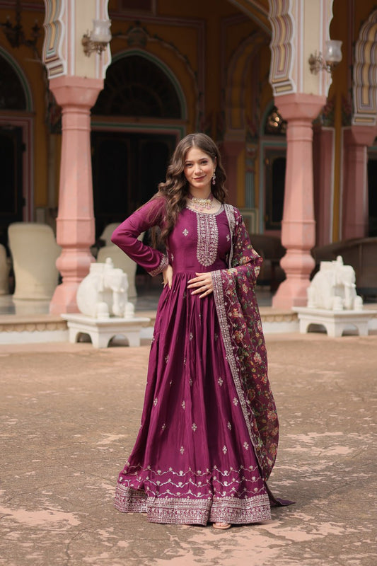 Wine  Chinon Kurta Set  With Rich Sequins Embroidered Work