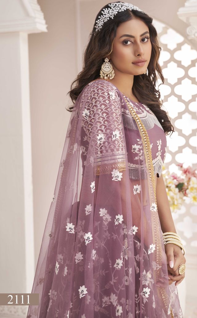 Onion-pink embroidered net semi stitched lehenga