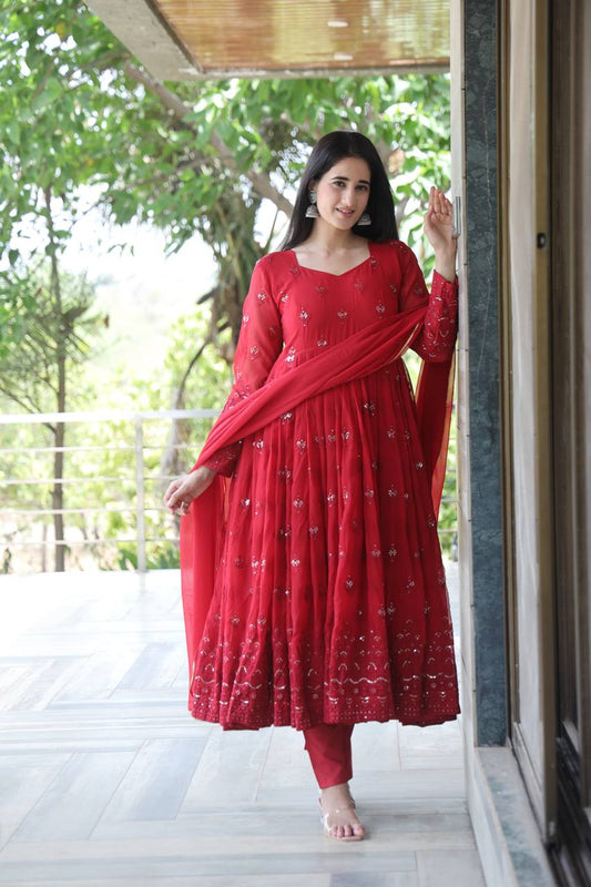 Red Self Embroidered Anarkali Kurta Set