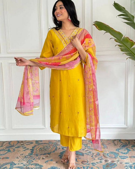 Yellow Viscose Chanderi Designer Embroidery Work With Printed Ethnic