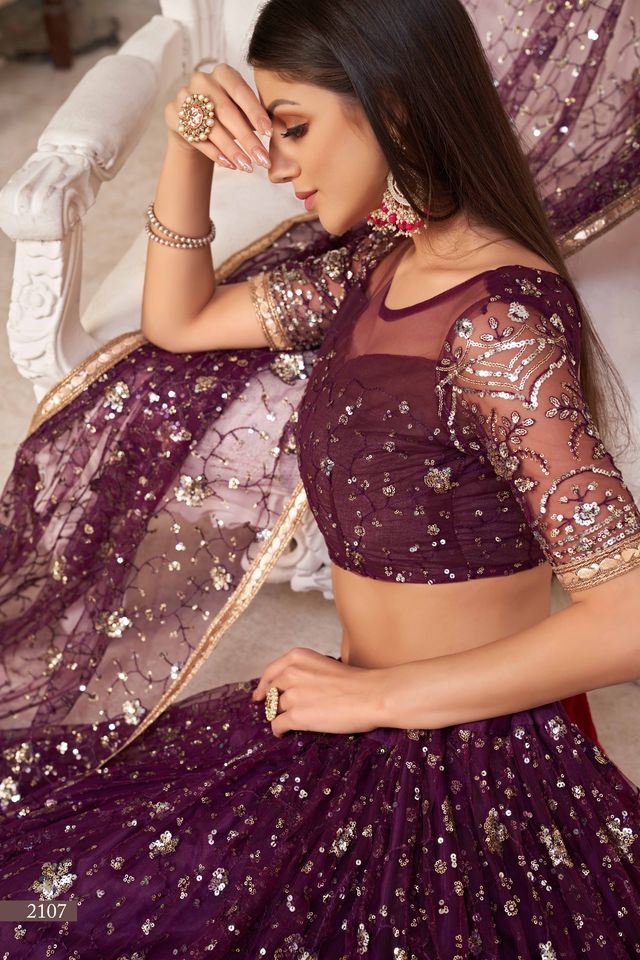 Violet embroidered net semi stitched lehenga