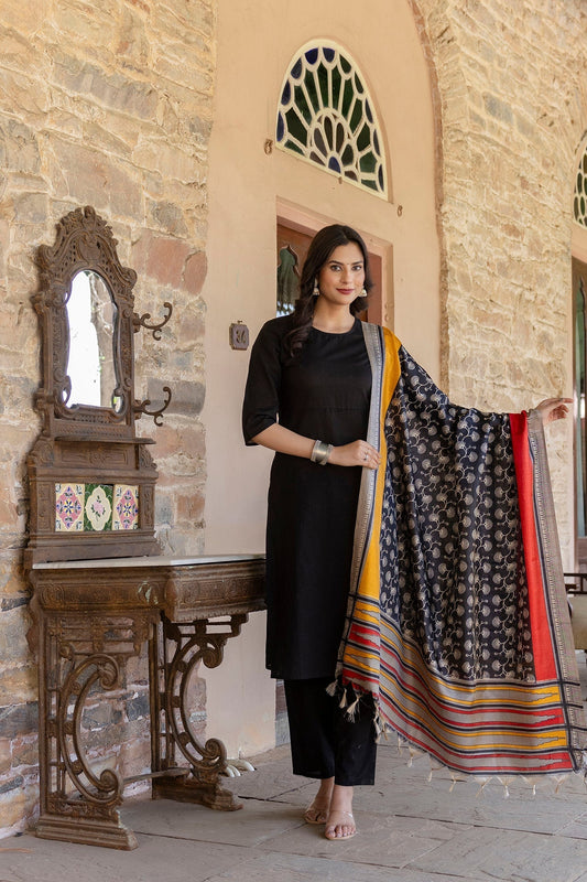 Women Black Kurta With Trouser And Printed Dupatta