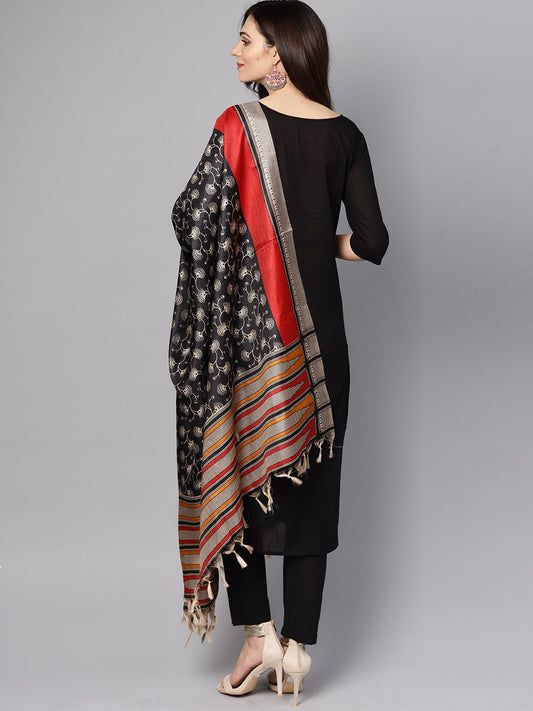 Black 3/4Th Sleeve Cotton Kurta With Palazzo And Printed Dupatta