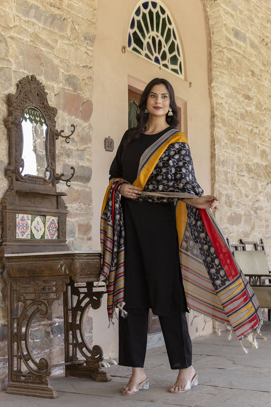 Women Black Straight Kurta With Trouser And Printed Dupatta