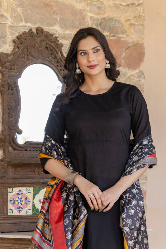 Black 3/4Th Sleeve Cotton Straight Kurta With Palazzo And Printed Dupatta