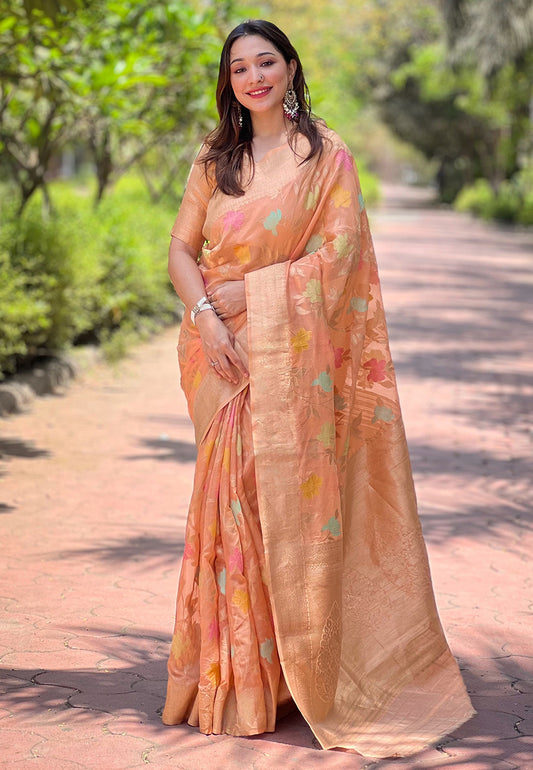 Orange Organza Weaving Meenakari Jaal Designer Ethnic Wedding Style Festive Ceremonial Saree