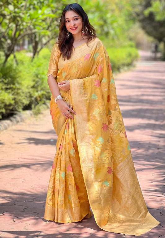 Mustard Organza Weaving Meenakari Jaal Designer Ethnic Wedding Style Festive Ceremonial Saree