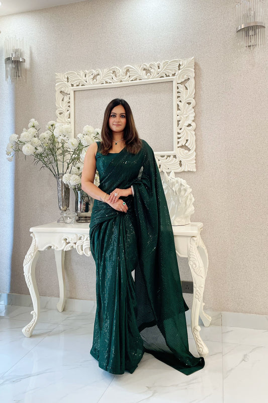 Green Georgette Heavy Sequance Embroidery Work Bollywood Party Style Celebrity Style Girlie Fancy Saree