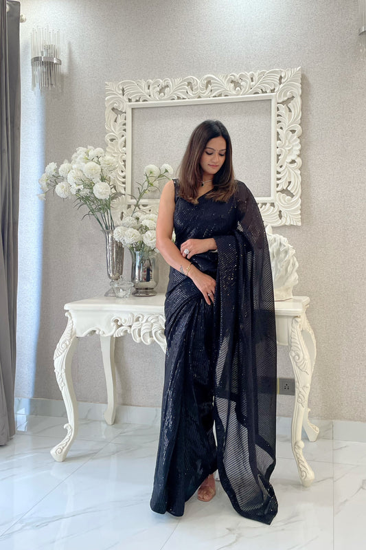 Black Georgette Heavy Sequance Embroidery Work Bollywood Party Style Celebrity Style Girlie Fancy Saree