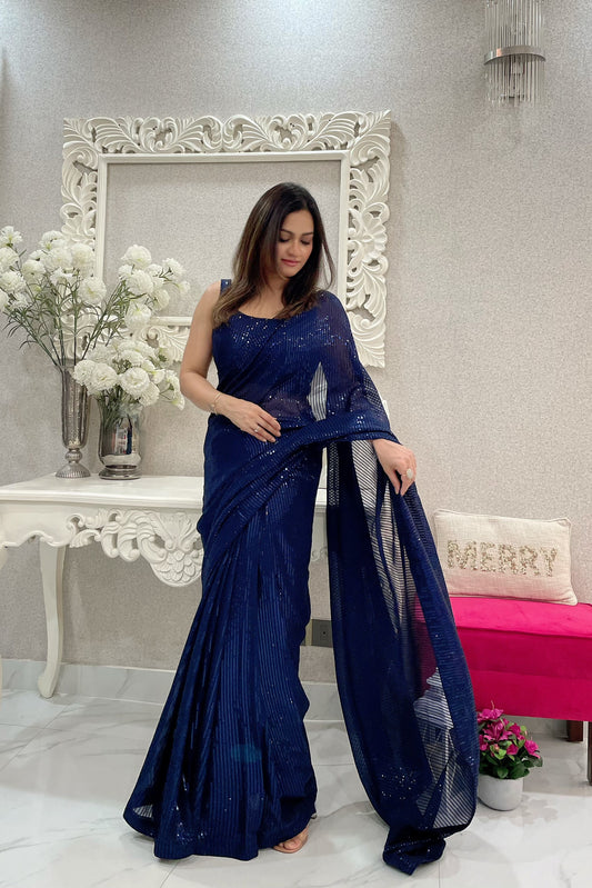 Navy Blue Georgette Heavy Sequance Embroidery Work Bollywood Party Style Celebrity Style Girlie Fancy Saree