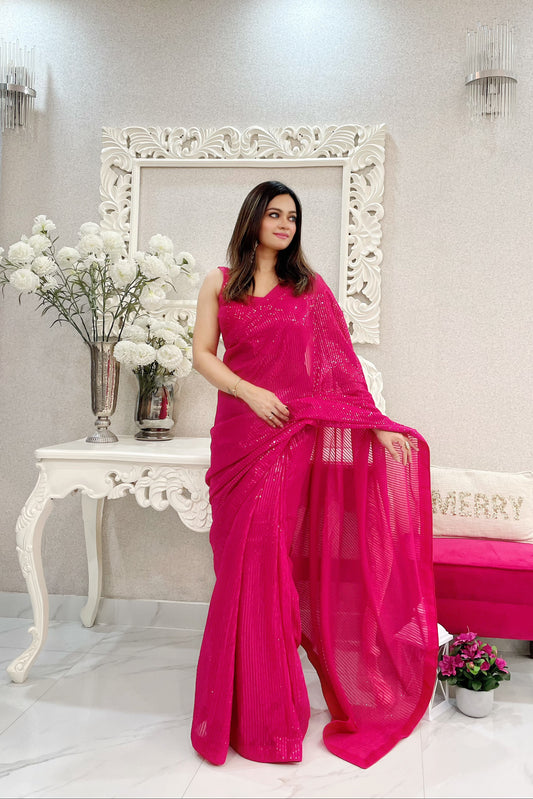 Pink Georgette Heavy Sequance Embroidery Work Bollywood Party Style Celebrity Style Girlie Fancy Saree