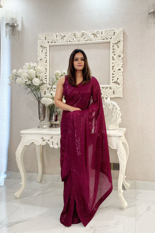 Wine Georgette Heavy Sequance Embroidery Work Bollywood Party Style Celebrity Style Girlie Fancy Saree