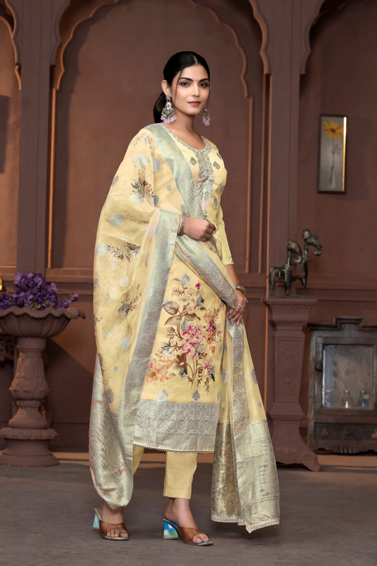 Yellow Viscose Organza Wevon Designer With Printed And Hand Work Graceful Ethnic Wedding Wear Salwar Kameez