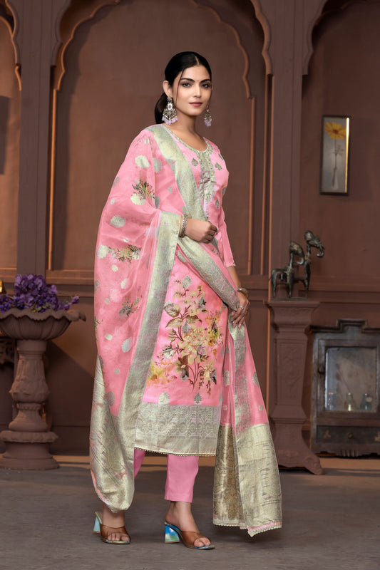 Pink Viscose Organza Wevon Designer With Printed And Hand Work Graceful Ethnic Wedding Wear Salwar Kameez