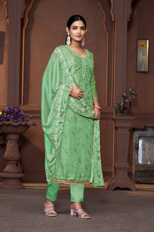 Green Viscose Organza Poistion Embroidery With Hand Work Graceful Ethnic Wedding Wear Salwar Kameez