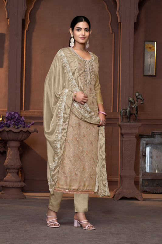 Beige Viscose Organza Poistion Embroidery With Hand Work Graceful Ethnic Wedding Wear Salwar Kameez