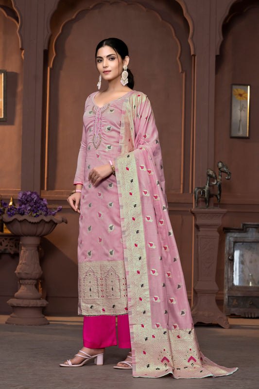 Pink Muslin Wevon Designer With Hand Work Ethnic Designer Salwar Kameez