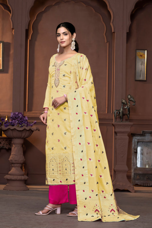 Yellow Muslin Wevon Designer With Hand Work Ethnic Designer Salwar Kameez