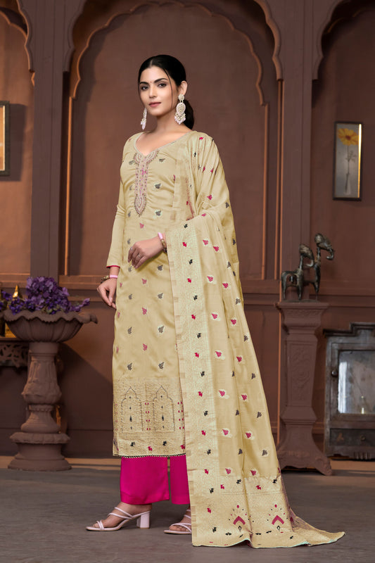 Cream Muslin Wevon Designer With Hand Work Ethnic Designer Salwar Kameez