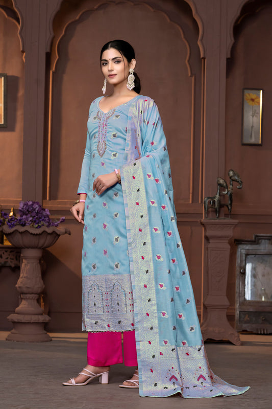 Blue Muslin Wevon Designer With Hand Work Ethnic Designer Salwar Kameez