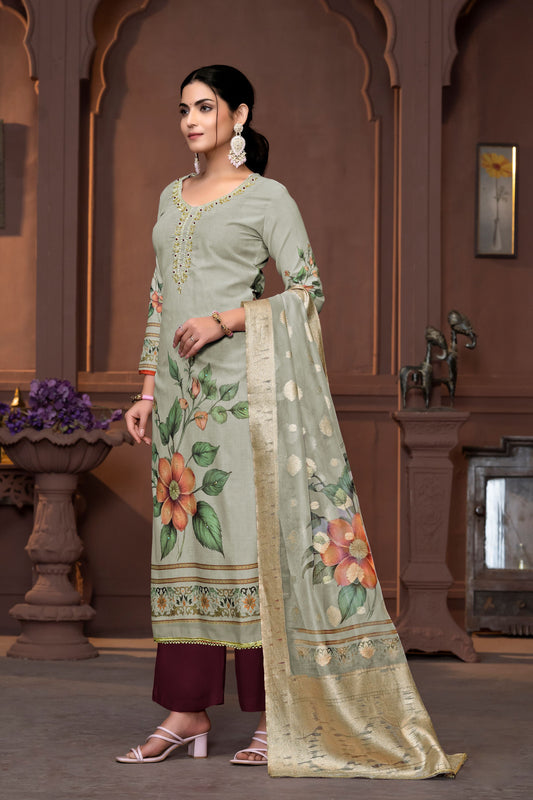 Pista Cembric Cotton Wevon Designer With Printed And Hand Work Graceful Wedding Wear Salwar Kameez