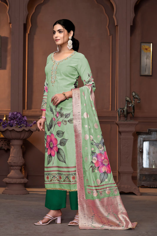 Green Cembric Cotton Wevon Designer With Printed And Hand Work Graceful Wedding Wear Salwar Kameez