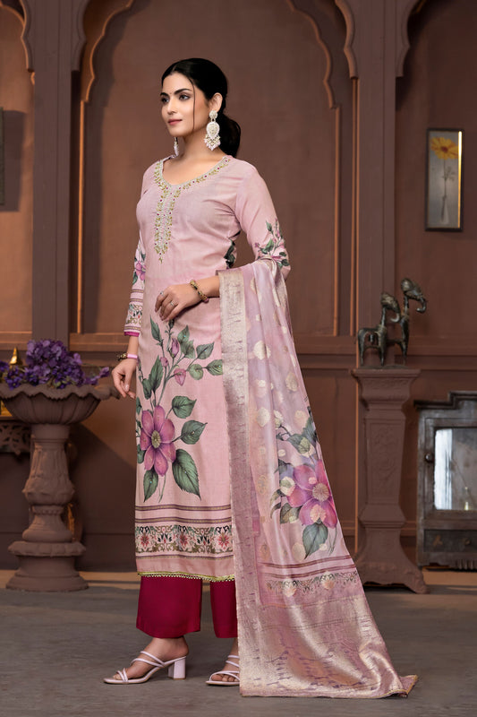 Pink Cembric Cotton Wevon Designer With Printed And Hand Work Graceful Wedding Wear Salwar Kameez