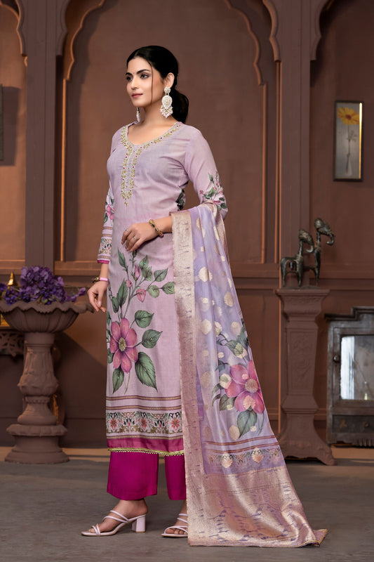 Purple Cembric Cotton Wevon Designer With Printed And Hand Work Graceful Wedding Wear Salwar Kameez