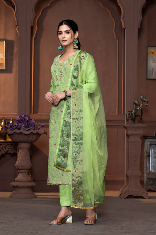 Green Muslin Cotton Wevon Designer With Hand Work Graceful Wedding Wear Salwar Kameez