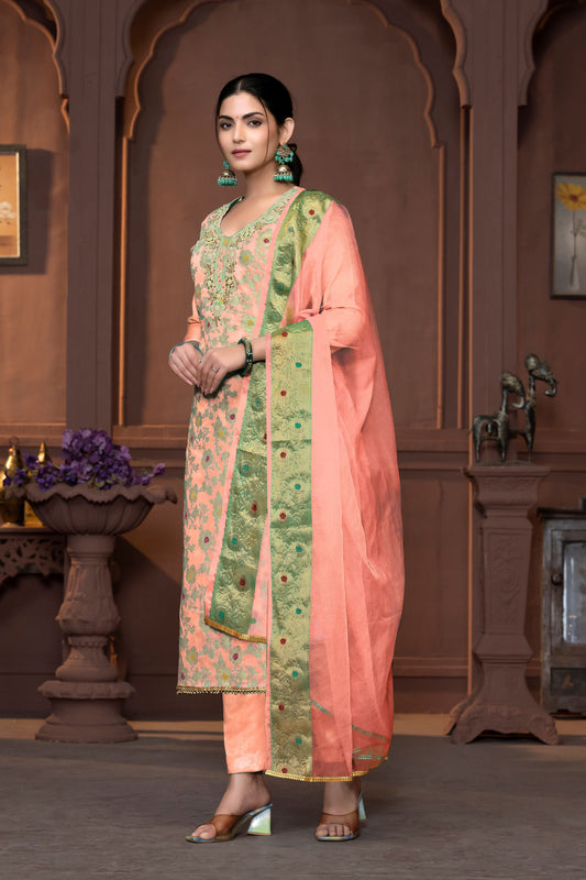 Peach Muslin Cotton Wevon Designer With Hand Work Graceful Wedding Wear Salwar Kameez