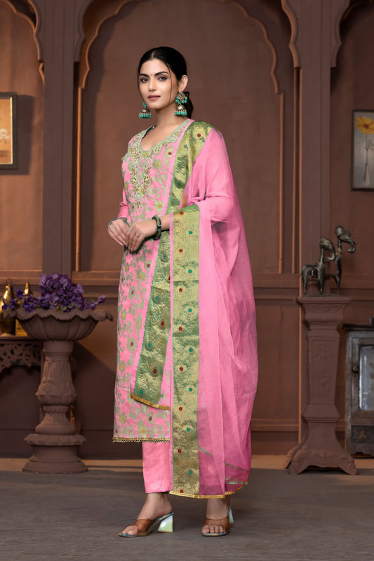 Pink Muslin Cotton Wevon Designer With Hand Work Graceful Wedding Wear Salwar Kameez