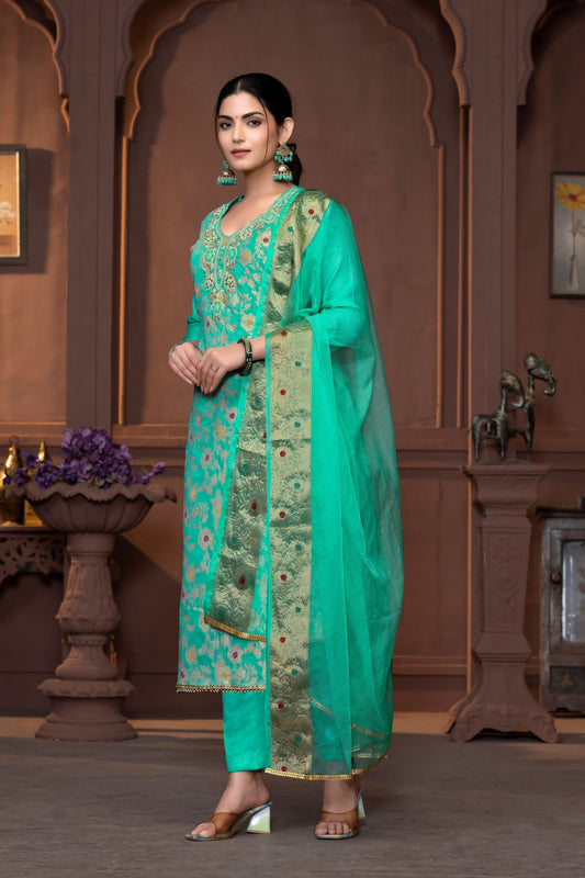 Sea Green Muslin Cotton Wevon Designer With Hand Work Graceful Wedding Wear Salwar Kameez