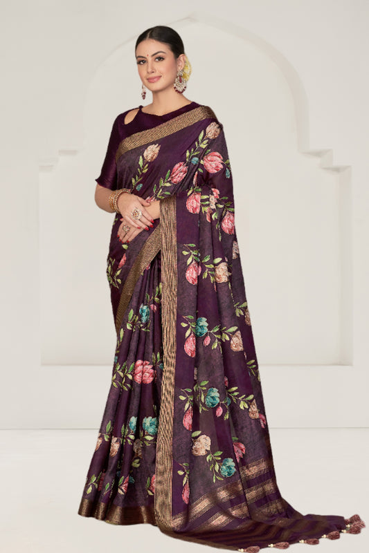 Purple Rangkat Tussar Silk Floral Printed With Sequance Embroidery Work Heavy Wedding Ceremony Wear Saree